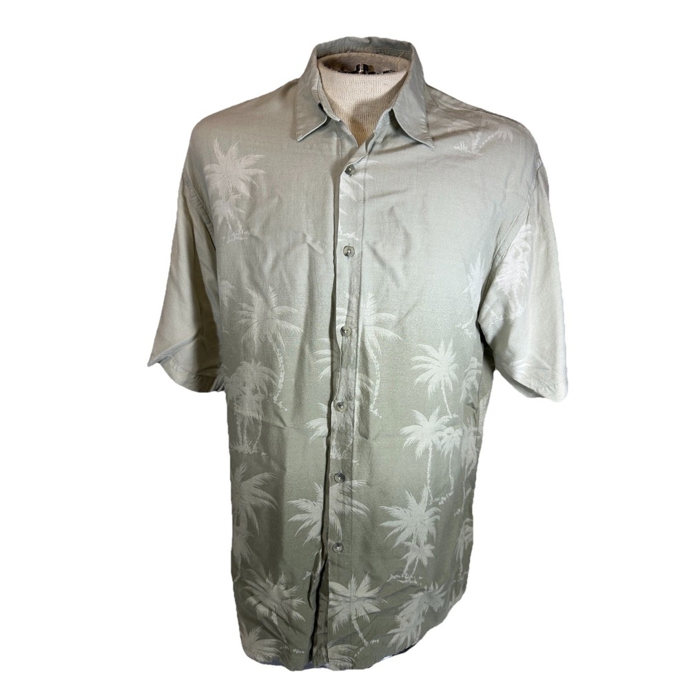 Hawaiian Shirt Mens L Pierre Cardin Palm Trees Green Ombre Camp Shirt